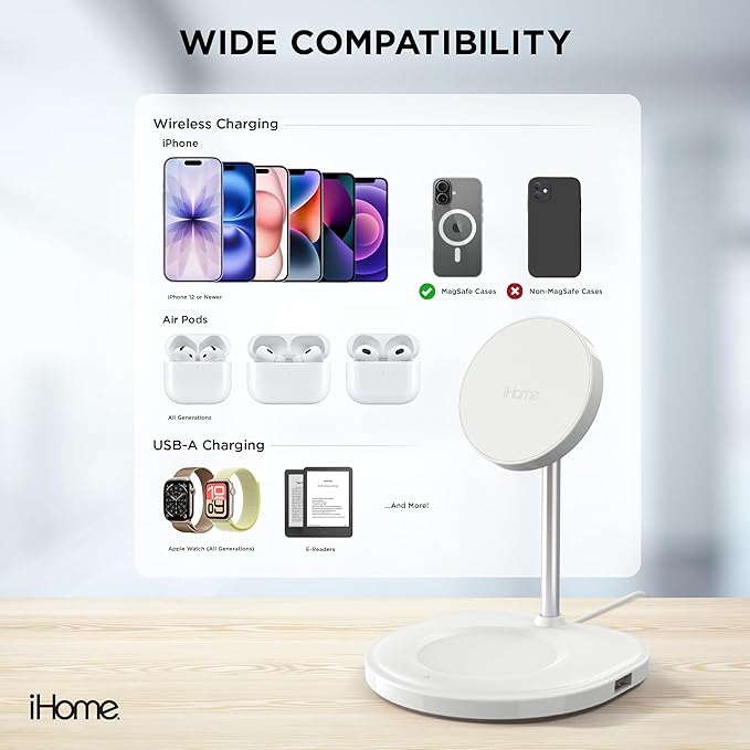 iHome Magnetic Charging Stand, 15W Wireless Charger for iPhone, Apple Watch & AirPods (3-in-1)