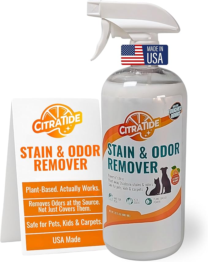 Pet Stain & Odor Remover Spray – Citrus Powered, Non-Toxic, Safe for Pets & Kids, Multi-Surface Cleaner for Carpet, Upholstery, Hardwood & More – USA Made Odor Eliminator