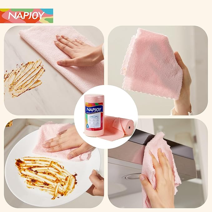 Napjoy Microfiber Cleaning Cloth Roll, 75PK Easy Tear Away Reusable Paper Towels, 12" x 12", Lint-Free and Scratch-Free with Patented Fiber Technology Microfiber Towel Roll, Pink