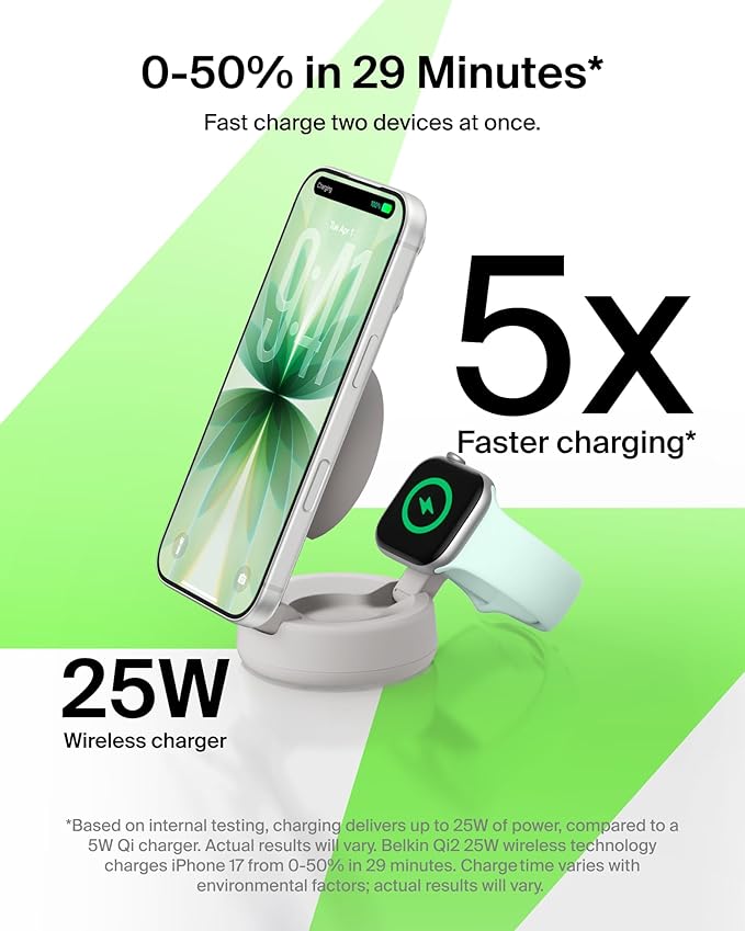 Belkin MagSafe Charger Compatible, 2-in-1 Wireless Charging Station, Qi2.2 25W Convertible Magnetic Charger for iPhone 17, Apple Watch Series 10, Google Pixel 10, and More (45W Adapter Included)