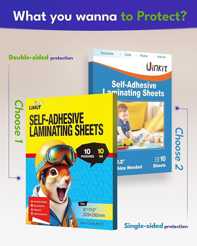 Uinkit 10mil Thicker Self Sealing Laminating Pouches 8.5 x 11", 10Pack Double-Sided Peel & Stick for Documents, Kids Art, Posters, Crafts - No Heat Machine Need