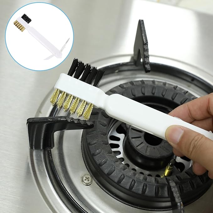 Kitchen Cleaning Scrub Brush Deep Gas Stove Brass Wire Brush with Stiff Bristles & Cooktop Scraper Stainless Steel Scrubber for Range Hood Grease Grime Rust Cleaner for Pot Pan Household Cleaning Tool
