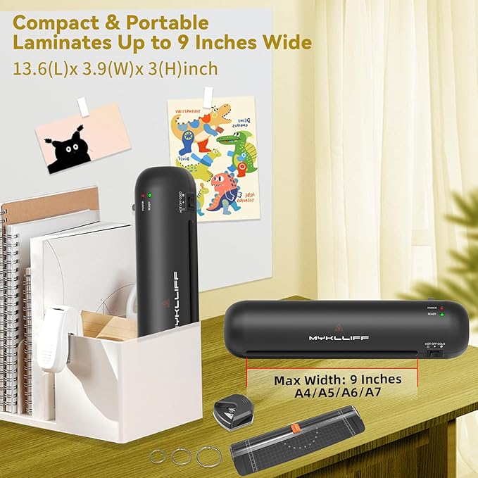 Laminator Machine 9-Inch Portable Thermal Laminater with Hot & Cold Modes, A4 Small Laminating Machine with ABS Jam-Release, 3-Min Warm-Up, 6-in-1 Photo Laminadoras Kit for Classroom, Black