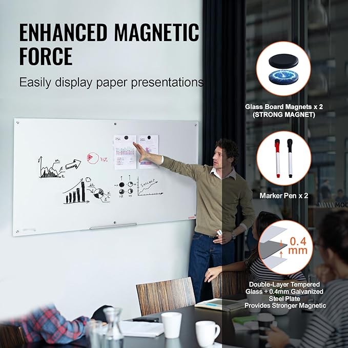 VEVOR Magnetic Glass Writing Board, Erasable 72"x36" Surface, Frameless Wall Installation, Includes Marker Holder, a Cleaning Tool, and 2 Writing Pens, White