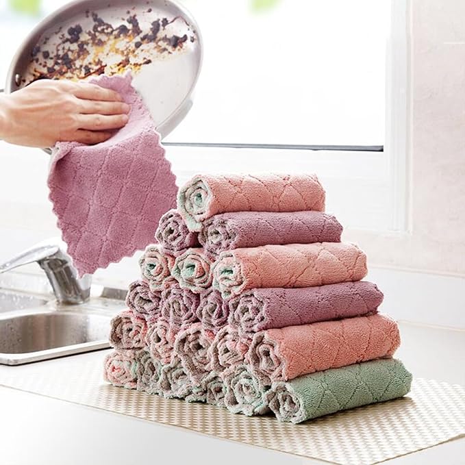 Microfiber Cleaning Cloths - Super Absorbent, Streak-Free & Lint-Free Towels for Glass, Kitchen & Home (Gray, Purple, Pink, Green) (10pcs)