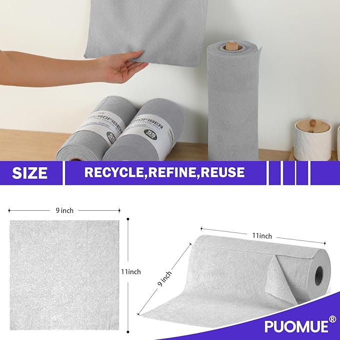 55 Pack Microfiber Cleaning Cloth Roll, Tear Away Reusable Towels, 11" X 9", Ultra Absorbent & Lint Free Microfiber Cloth for Cleaning Cars, Kitchen, Window, Home and Shop, Grey