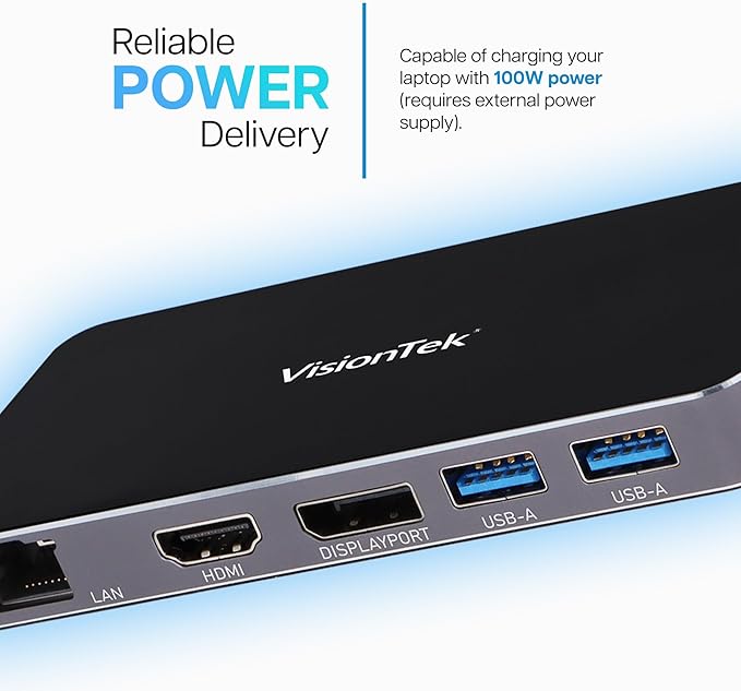 VisionTek VT400 Portable USB-C Dual Monitor Hub - 1x DP, 1x HDMI, 2X USB-A, 1x Ethernet, 1x USB-C for Windows/MacOS/ChromeOS/iOS