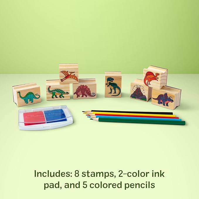 Melissa & Doug Wooden Stamp Set: Dinosaurs - 8 Stamps, 5 Colored Pencils, 2-Color Stamp Pad - FSC Certified