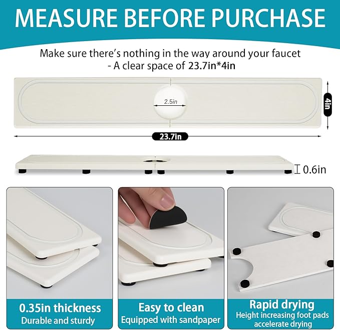 Faucet Mat for Kitchen Sink with Raised Feet, Fast Drying Diatomite Stone Sink Tray, Water Absorbent Faucet & Sink Splash Guard, Prevents Moisture Buildup, Durable Protector for Bathroom Counter