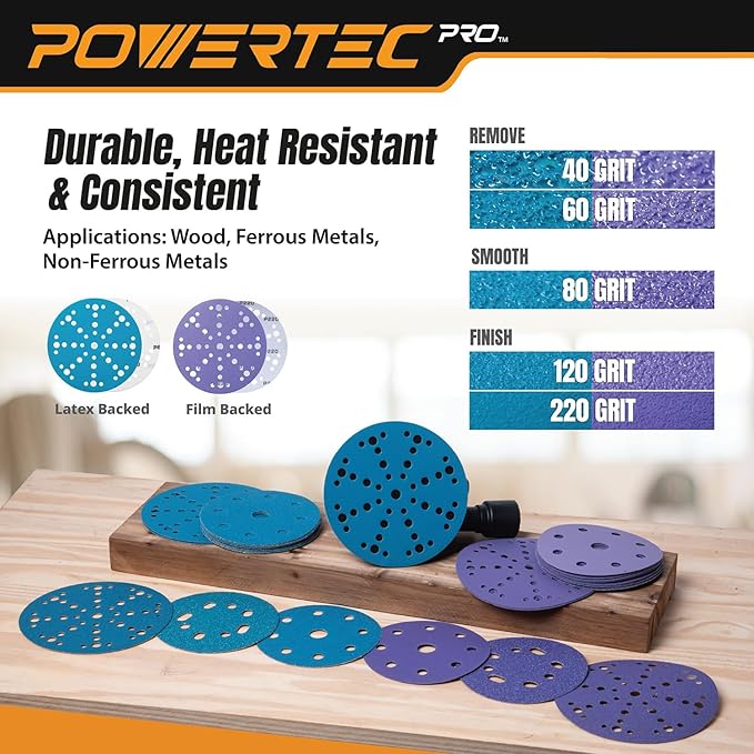 POWERTEC PRO 46101C 50PK 6 Inch 49 Holes Sanding Disc & Abrasive Cleaning Stick, 80 Grit Ceramic Hook and Loop Backing Sandpaper for Festool Random Orbital Sanders-Automotive, Metal, Woodworking
