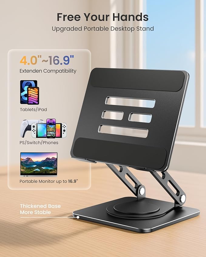 Adjustable Tablet Stand, 360 Rotating iPad Stand with Heavy-Duty Base, Tablet Holder Compatible with 4.0-16.9" Device, 2025 iPad Pro Air Mini, Kindle, Surface Tablet, Portable Monitors - Black