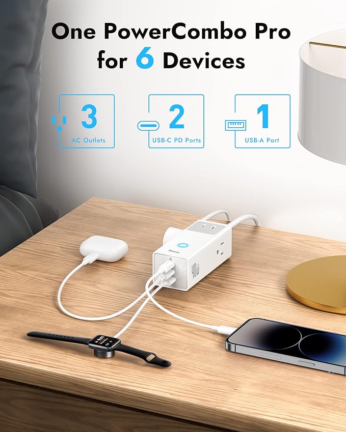 Baseus Power Strip Surge Protector 1200J - PD40W USB C Charger Extension Cord with 3 AC Outlets & 3 USB Port Fast Charging Charging Station for Office Dorm Room Home