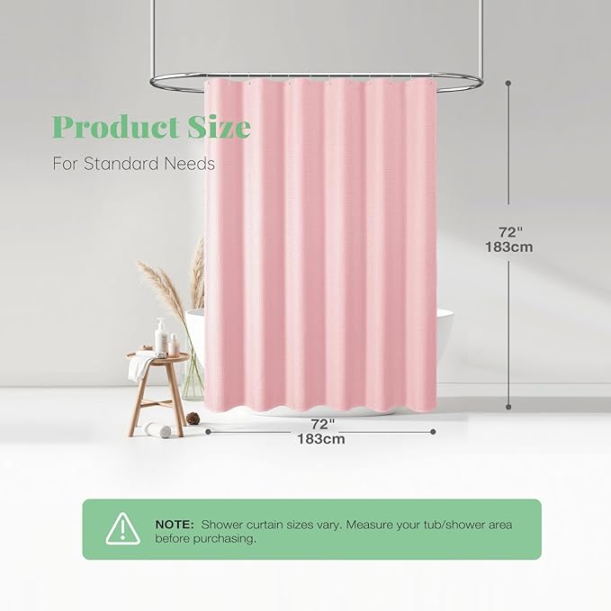 Dynamene Pink Fabric Shower Curtain - Waffle Weave Textured Heavy Duty Cloth Shower Curtains for Bathroom, 256GSM Hotel Luxury Weighted Bath Curtain Set with 12 Hooks,72x72, Pink