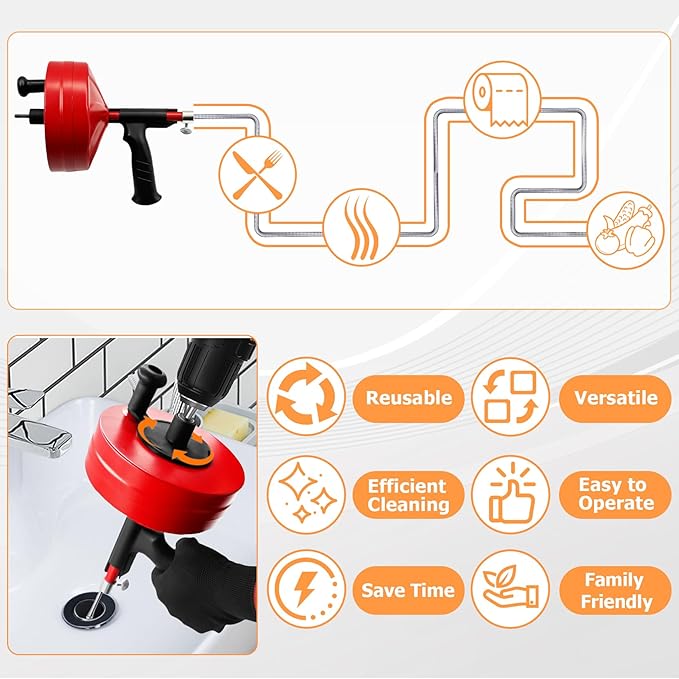 50 Ft Plumbing Snake Tools, Drain Snake with Drill Attachment, Double Mode Drain Auger for Shower, Sink, Bathrom and Kitchen, w/Gloves and Storage Bag
