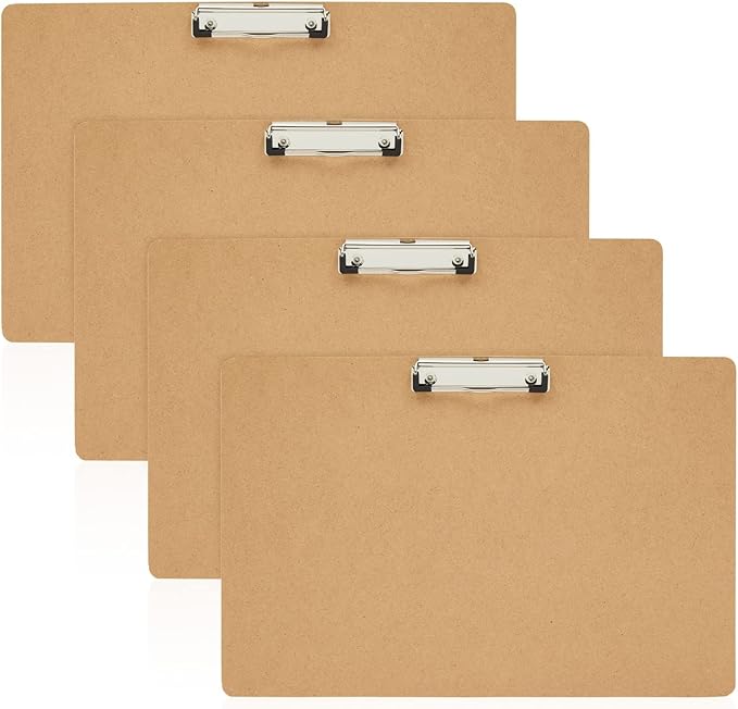 Juvale Clipboard - 11.5 x 17.4 in, Brown MDF, 4-Pack - Wood Clipboard Set with Low-Profile Metal Clip & Retractable Hook - Oversized & Portable for Drafting Board & Sketch Board Use
