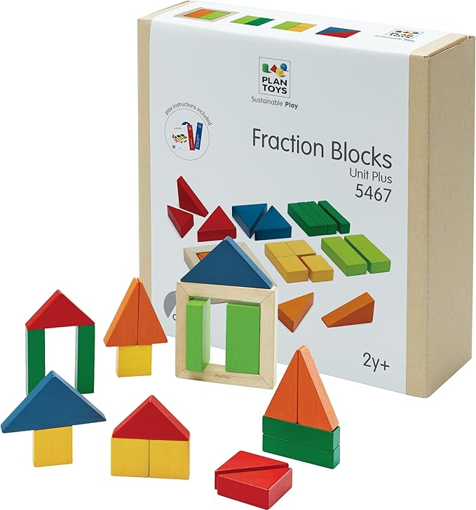 PlanToys® Fraction Blocks Wooden Montessori Early Math and Logic Toy | Fraction Learning, Shape Recognition and Sorting Activity | Eco Friendly Colourful Block Set