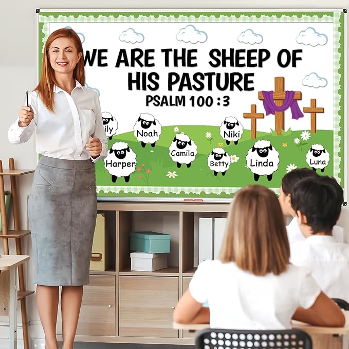 Easter Christian Bulletin Board Set VBS 2026 Religious Jesus Classroom Decoration Sheep Paper Cutouts We are The Sheep of His Pasture Bulletin Board for Sunday School Church Chalkboard Door Wall Decor