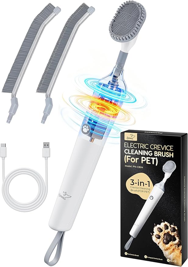 3-in-1 Reciprocating Deep-Clean Brush - Hard, V-Shaped & Soft Silicone Brush Heads for All Surfaces, 3-Speed with LED Light for Grout, Delicate Glass, Kitchen, Bathroom, Car & Pet Areas, CB04