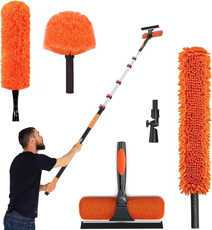30FT High Ceiling Duster Kits with 5-24FT Telescoping Extension Pole - Fan Blade Cleaner, Cobweb Remover & Window Cleaning Kit, Washable Dust Brush for High Roof and Glass Surfaces