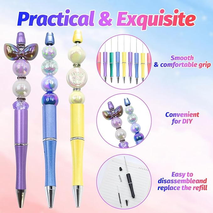300 Pieces DIY Beadable Pen Kit – 100 Plastic Ballpoint Pens with Refills & Bags – School Supplies, Office Accessories & Decorative Items for Students & Teachers (Dreamy Soft Palette)
