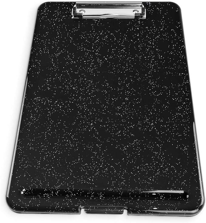 Clipboard with Storage Slim Folding for Nursing, Teachers, Coaches & Office, Plastic Heavy Duty with Pen Holder (9.5” x 13.5”) (Black White Splatter)