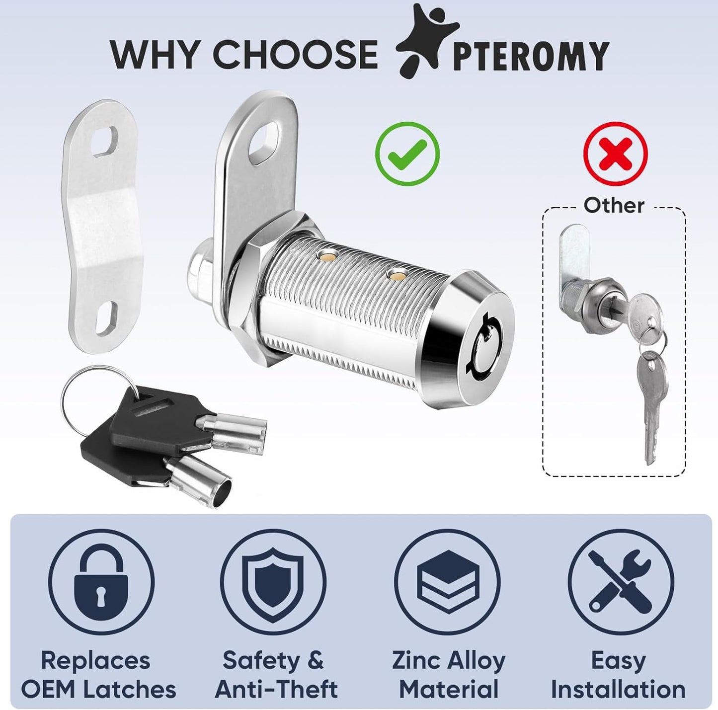 PTEROMY 2 Pack Cabinet Lock with Keys, 5/8'' Heavy Duty Tubular Cam Lock for RV Compartment Storage Locks, Full Set of RV Cam Locks (Chrome, 5/8'', 2 Pack)