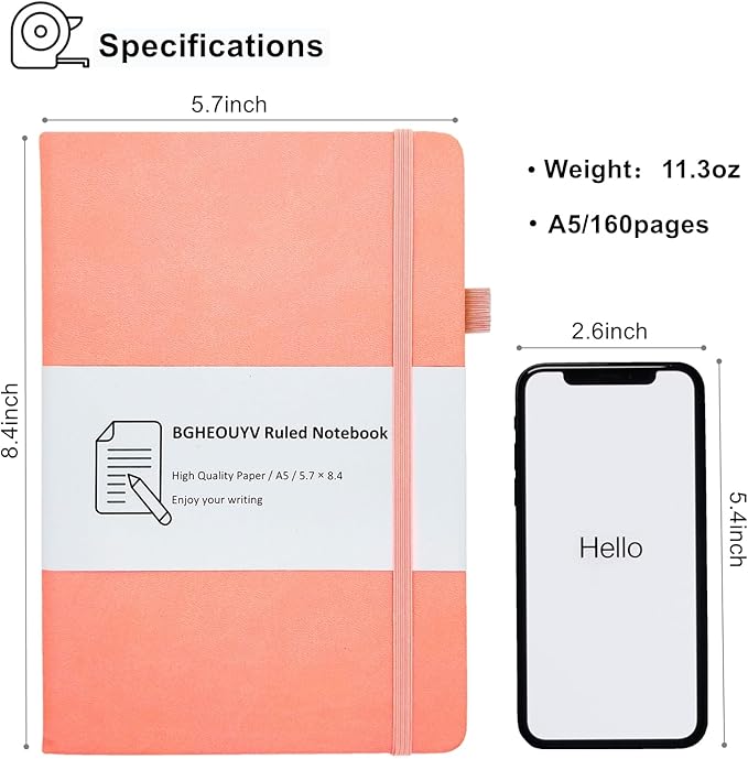 Notebook Journal, College Ruled Notebook Lined A5 160 Pages,Hard Cover Journals for Writing, Notebooks for Work Office School Women Men,5.7 inches x 8.4 inches(Meat Pink)