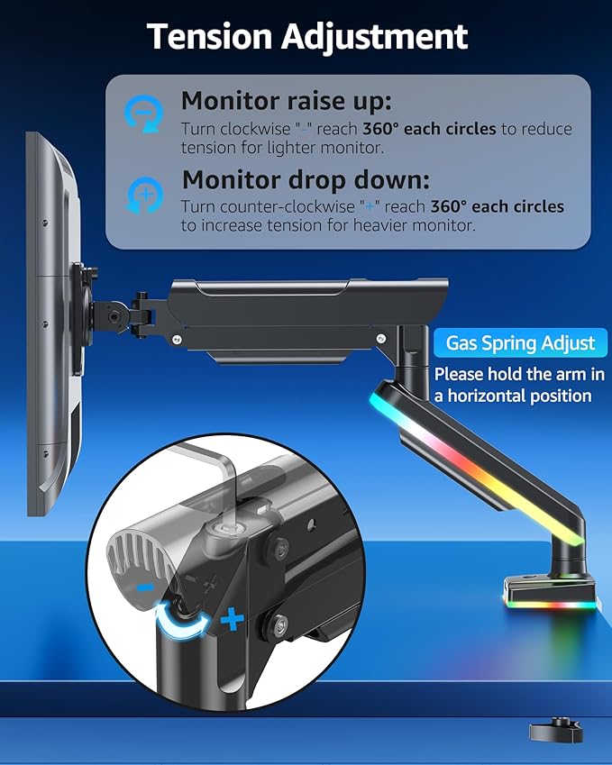 MOUNTUP RGB Single Monitor Arm Fits 32 27 24 22 inch, Holds 4.4-22lbs Screens, Monitor Stand for Desk with RGB Lights, 19 Modes, Computer Monitors Desk Mount, VESA Mount with Clamp & Grommet Bases