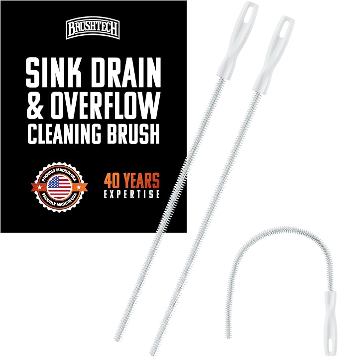 Brushtech Sink Drain & Overflow Cleaning Brush - Thin & Flexible Drain Cleaning Gadget for Clogs, Hair, & Debris - Long Pipe Brush for Kitchen & Bathroom Sink Maintenance - Made in USA (2-Pack)
