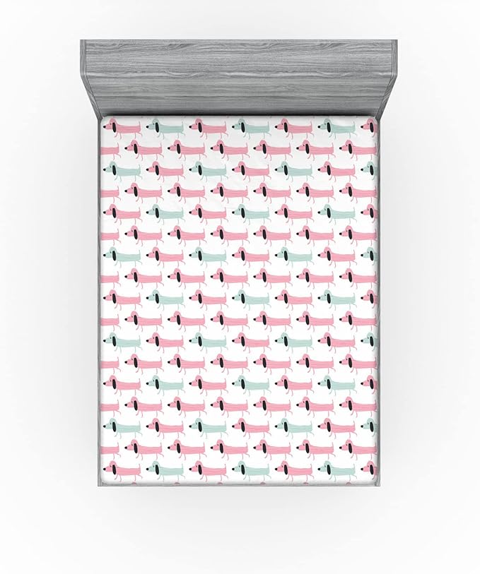 Ambesonne Dachshund 2 Pack Fitted Sheet, Funny Sausage Dogs, Bed Cover All-Round Elastic Deep Pockets 2 Pieces, Package Contains 2 Queen Size Fitted Sheets, Seafoam Pink