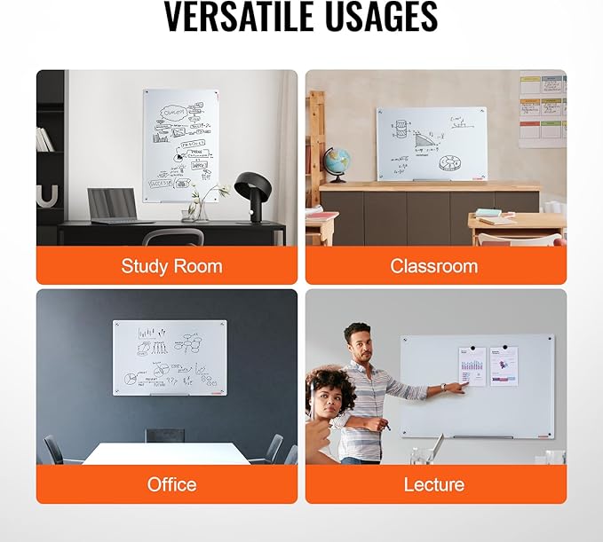VEVOR Magnetic Glass Writing Board, Erasable 36"x24" Surface, Frameless Design for Wall, Includes Marker Holder, a Cleaning Tool, and 2 Writing Pens, White