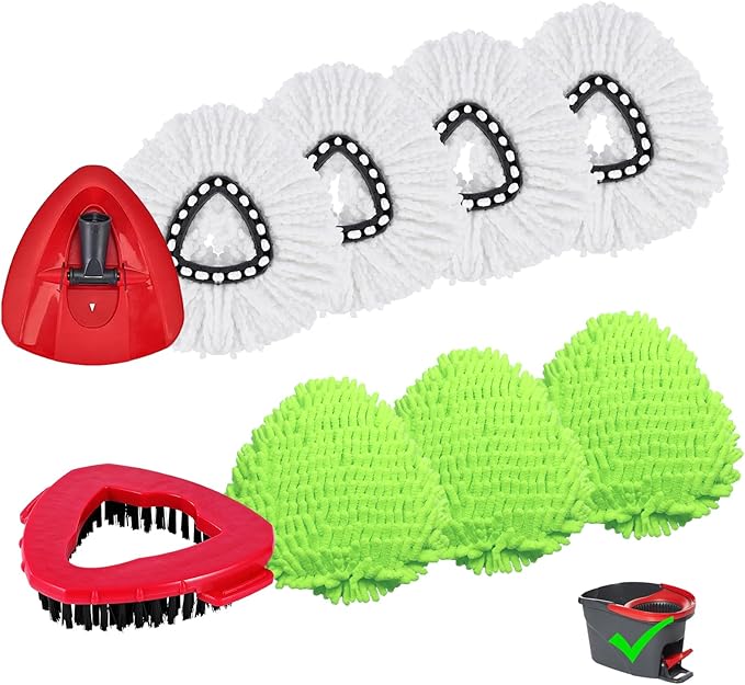 9 Pack Reusable Microfiber Mop Pads Compatible with O-Cedar EasyWring Triangle Mop,3 Elastic Mop Head 4 White Mop Replacement,One Scrub Brush & One Base for Deep Clean,Machine Washable Mop Refills