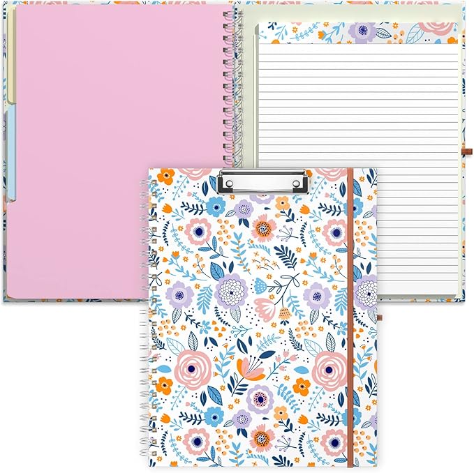 Rimilak Spiral Clipboard Folio with Refillable Lined Notepad, 14.5 x 9.8 in, Hardcover Cover with 5 Interior Pockets, Elastic Band and Pen Loop Series. Cute Stylish Clipfolio, Purple Flower