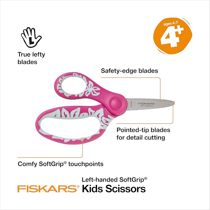 Fiskars 5" SoftGrip Left-Handed Kids Scissors, Pointed Tip, Pink/Light Blue Floral, Safety Edge for Precision Cutting