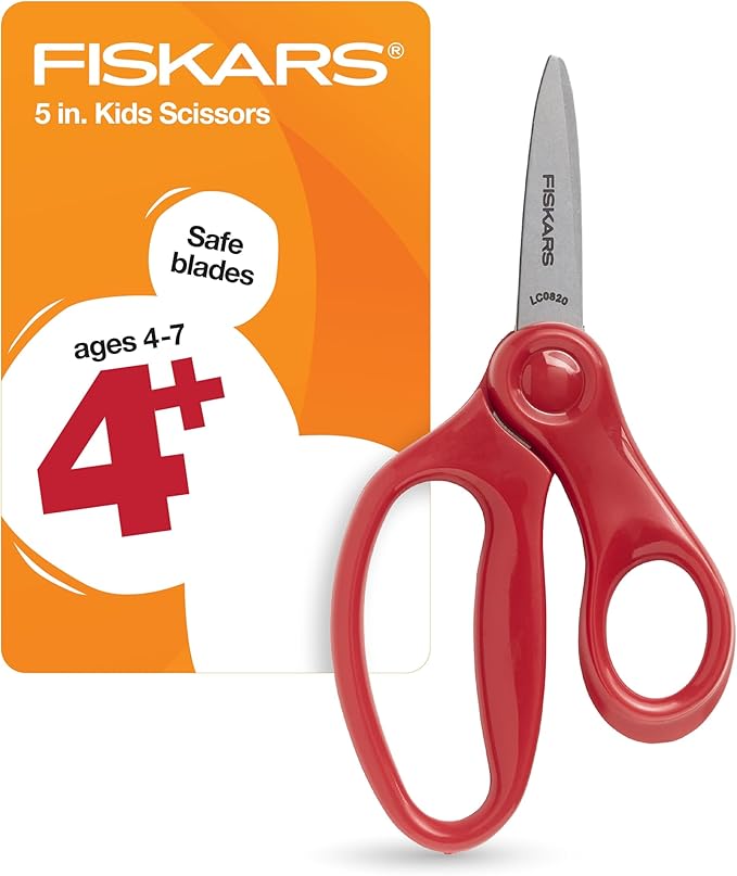 Fiskars 5" Pointed-Tip Scissors for Kids Ages 4-7, Scissors for School or Crafting, Back to School Supplies, Red