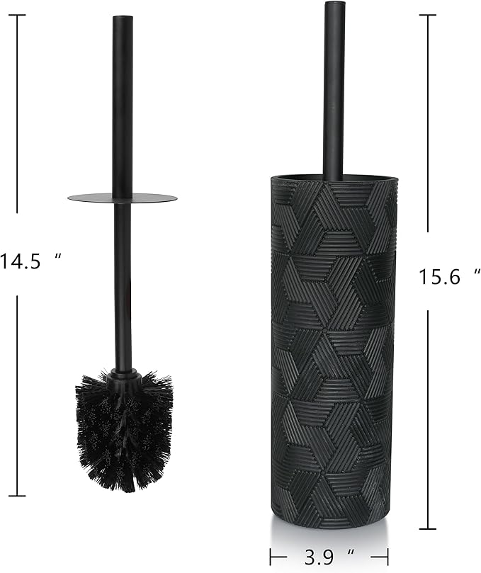 Matte Black Geo Design Resin Toilet Bowl Holder and Brush Set, Stylish Geometric Design with Durable Bristles, Compact and Modern