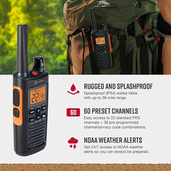 Cobra RX680 2-Pack Walkie Talkies & Compatible Cobra GA-SV01 2P Surveillance Headset Microphones: Rugged & Splashproof Two-Way Radios, Rechargeable, 60 Preset Channels, 38-Mile Range, Black/Orange