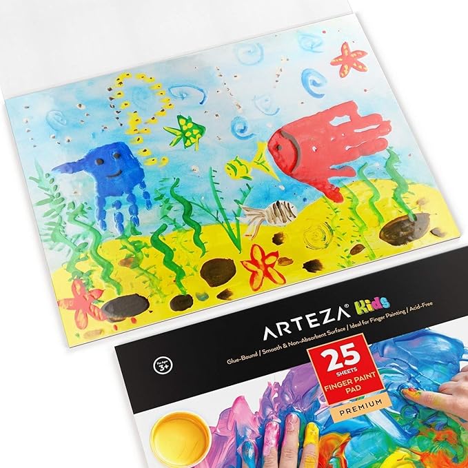 ARTEZA 12x16 Inches Finger Paint Paper Pad, Pack of 2 Finger Pads, 25 Sheets Each, 54lb/80gsm Drawing Pad for Kids