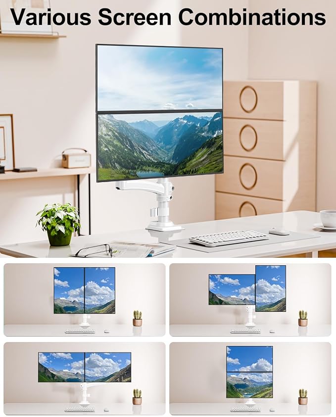 Dual Monitor Stand for Desk, Taller Monitor Arms for 2 Screens up to 32 inch, Ergonomic Adjustable Full Motion Double Computer Monitor Mount, Holds 4.4-22lbs, VESA 75/100mm, White, Freelift