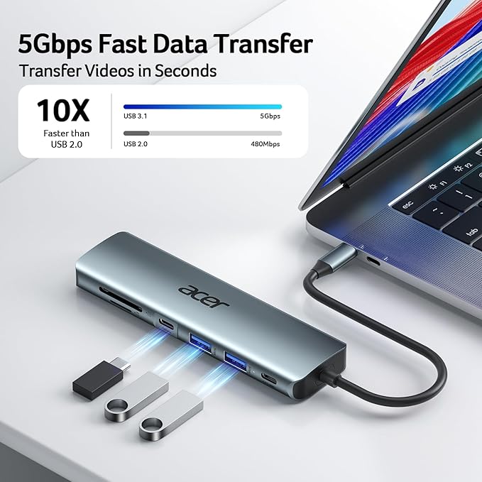Acer USB C Hub, 7 in 1 Multi-Port Adapter for Laptop, 4K, HDMI Splitter with 2 USB A 3.1 & Type-C to HDMI Data Port, PD 100W Charging, SD Card Reader for Computer, Desktop, Space Grey