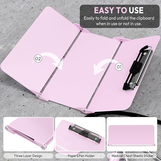 Nursing Clipboard Foldable Without Edition Cheat Charts, 3 Layers Aluminum, Nurse Board w/Low Profile Clip&Pen Clip Pocket, Baby Pink