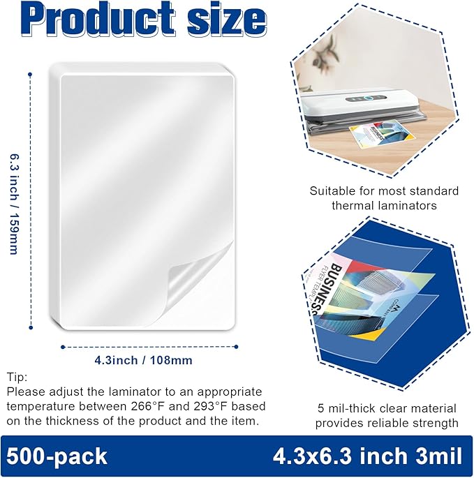 500 Pack 3 mil Thermal Laminating Pouches 4x6 File Card Laminate Pouches Lamination Pouches Recipe Card Laminating Pouches for Work Permits Pass Cards Student ID Cards
