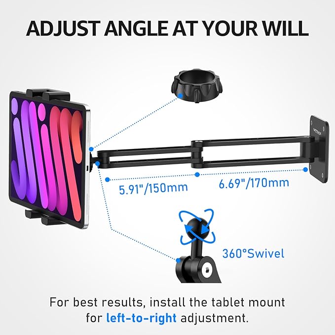 Urmust Tablet Wall Mount Holder for iPad, 360°Rotation Adjustable Tablet Stand Holder with Aluminum Extendable Arm, for iPad mini/Air/Pro/Galaxy Tab/Kindle, All 4.7-15.6" Phones & Tablets