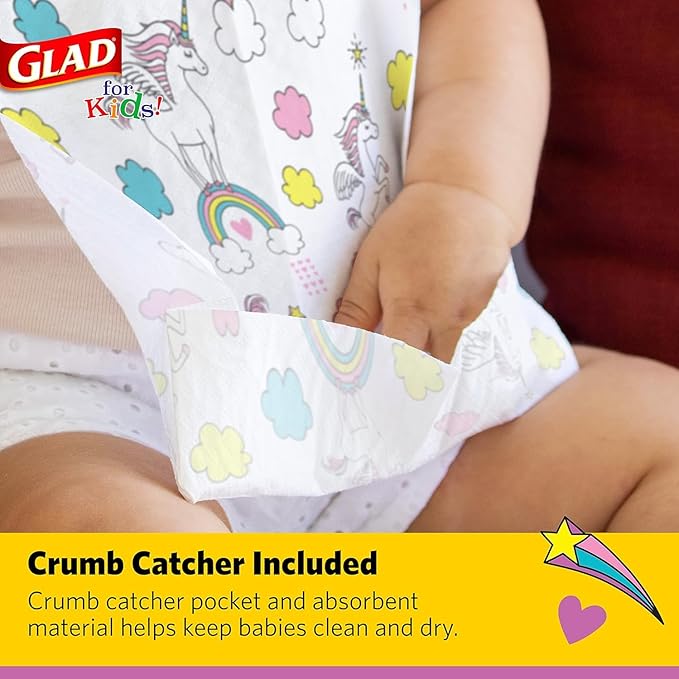 Glad for Kids Unicorn Disposable Paper Bibs with Crumb Catcher, Absorbent Leakproof Bibs for Toddlers and Babies, Mess Free Feeding, Crafts, Parties, and Travel Use, 30 Count - 24 Pack