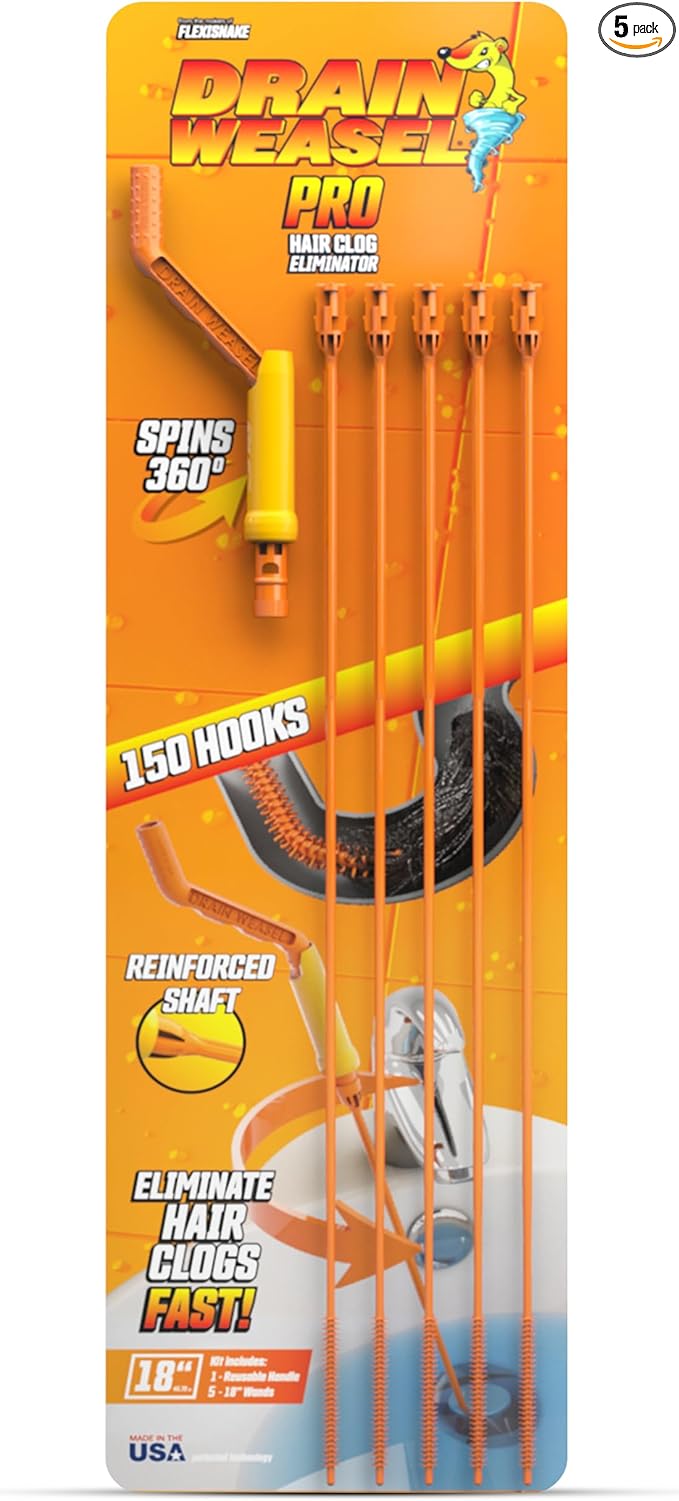 FlexiSnake Pro Drain Weasel Sink Snake Cleaner with New Molded Tip - 18″ - Drain Snake Clog Remover Tool with Rotating Handle & 5 Wand Refills - Easy to Use on Drains & Grates - Made in USA - 5-Pack