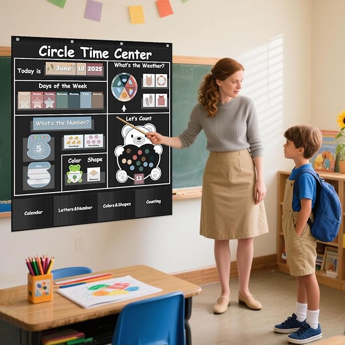 Circle Time Learning Center Pocket Chart for Classroom, Dry Erase Alphabet & Number Flash Cards, Write ABC Letter Tracing Writing Practice Games for Kids, Learning Weather Counting Color Shape