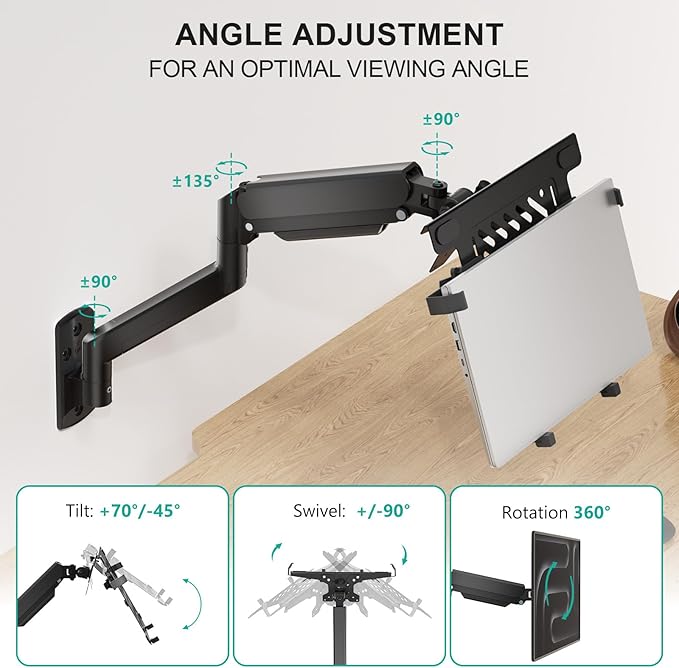 WALI Laptop Wall Mount, Full Motion Adjustable Laptop Arm Fits 10 to 17" Notebook, 2-in-1 Monitor Wall Mount for 17 to 32" Computer Screen, Holds up to 15.4-22lbs(GSWM001NLP), Black