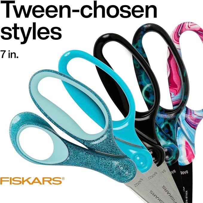 Fiskars 7" Student Glitter Scissors for Kids Ages 12-14 (2-Pack), Scissors for School or Crafting, Back to School Supplies, Black and Turquoise