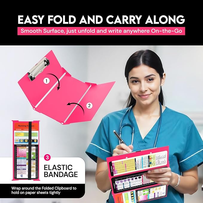 Nursing Clipboard Foldable with Medical Edition Cheat Sheets, 3 Layers Aluminum Foldable Clipboard for Nursing, Notepad for Students, Nursing School Essentials (Pink)
