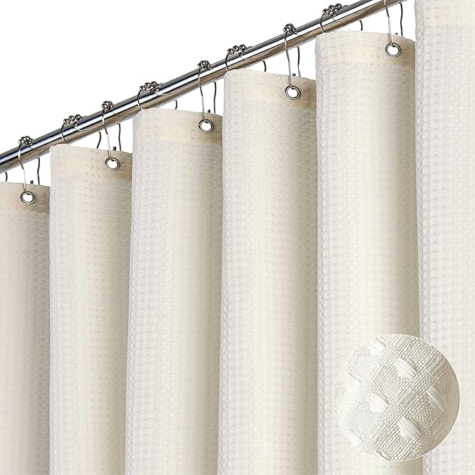 Dynamene Stall Fabric Shower Curtain - 54 inch Wide Waffle Weave Weighted Thick Cloth Shower Curtains for Bathroom, Heavy Duty Hotel Spa Luxury Bath Curtain Set with 10 Hooks, 54x72, Cream/Ivory